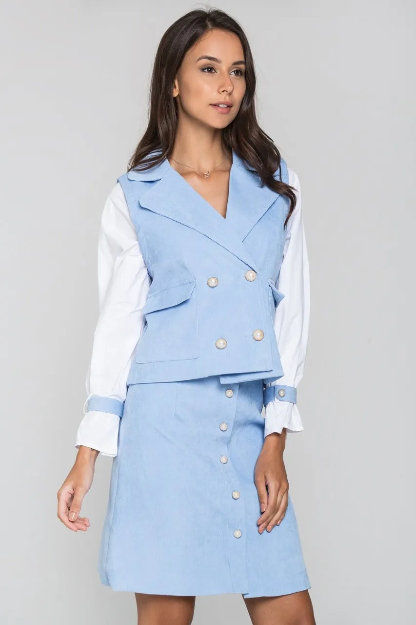 Blue Chord and White Sleeves Blazer and Skirt Set