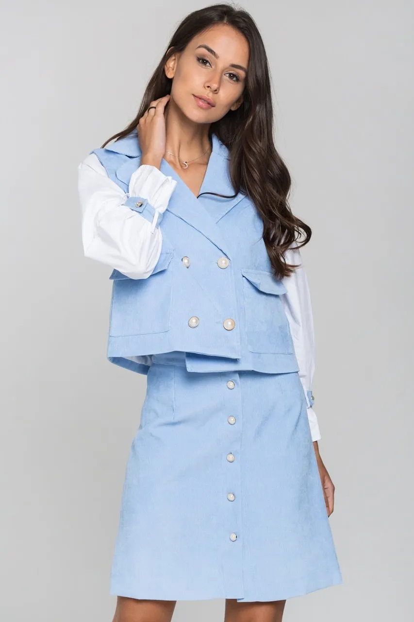 Blue Chord and White Sleeves Blazer and Skirt Set