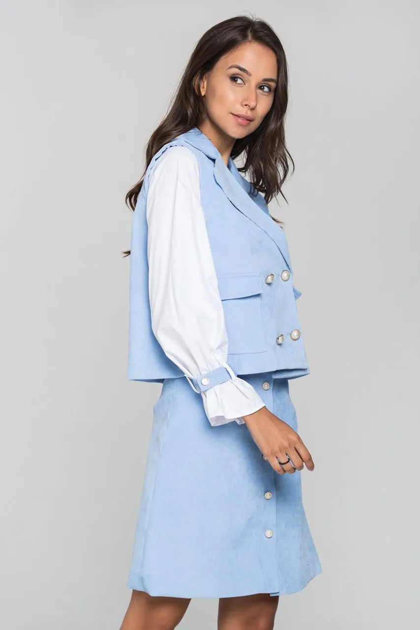 Blue Chord and White Sleeves Blazer and Skirt Set