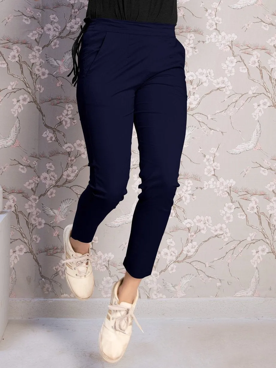 Blue Cotton Spandex Lycra Women Pants