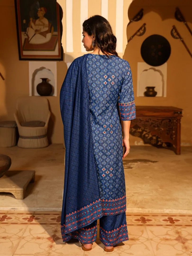 Blue Ethnic Motif Printed Polycotton Kurta Pant And Dupatta Set With Thread Zari Work & Sequins