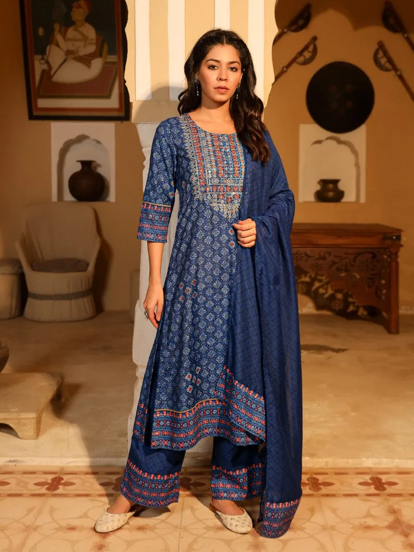 Blue Ethnic Motif Printed Polycotton Kurta Pant And Dupatta Set With Thread Zari Work & Sequins