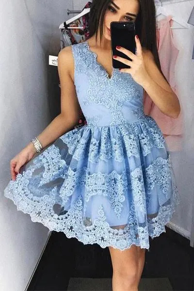 Blue Modest Lace Homecoming Dress Short for Freshman | Perfect Short Cocktail Dress