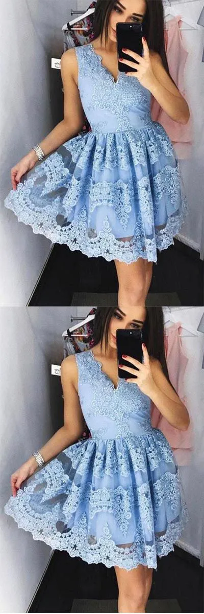 Blue Modest Lace Homecoming Dress Short for Freshman | Perfect Short Cocktail Dress