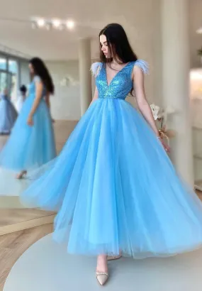 Blue V-neck tulle sequins long prom dress A-line evening dress       fg261