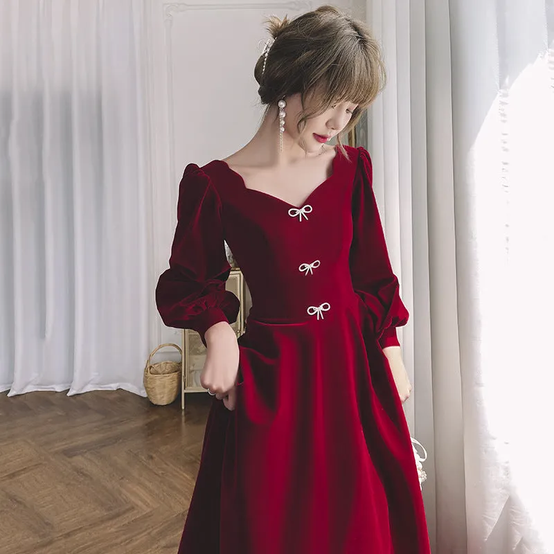 Bows Lantern Sleeve Velvet Vintage Neckline Maxi Dress