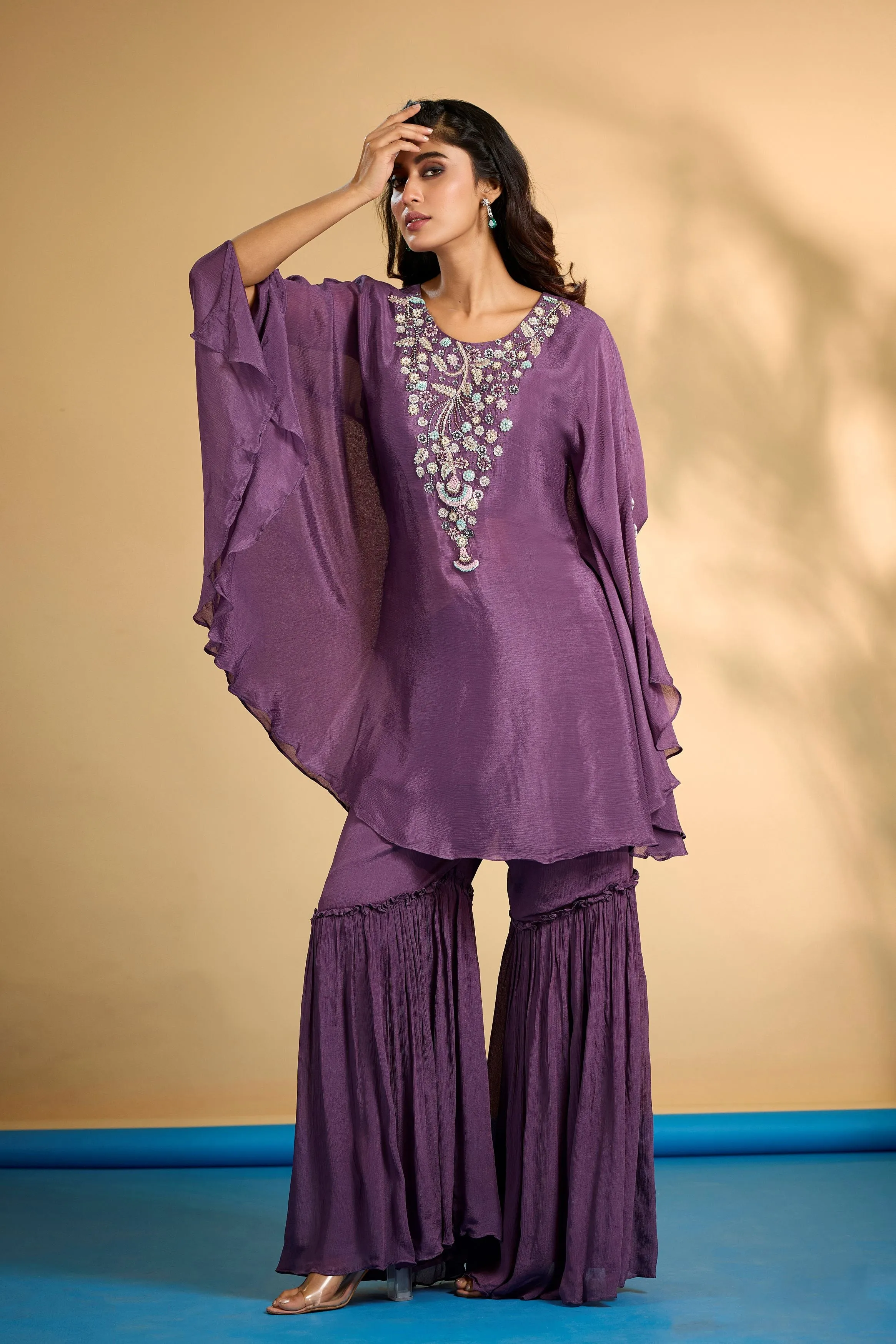 Bright Purple Embellished Chinon Silk Kaftan Set