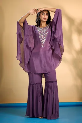 Bright Purple Embellished Chinon Silk Kaftan Set