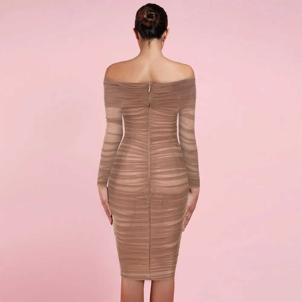 Brown Off Shoulder Long Sleeve Mesh Bodycon Dress