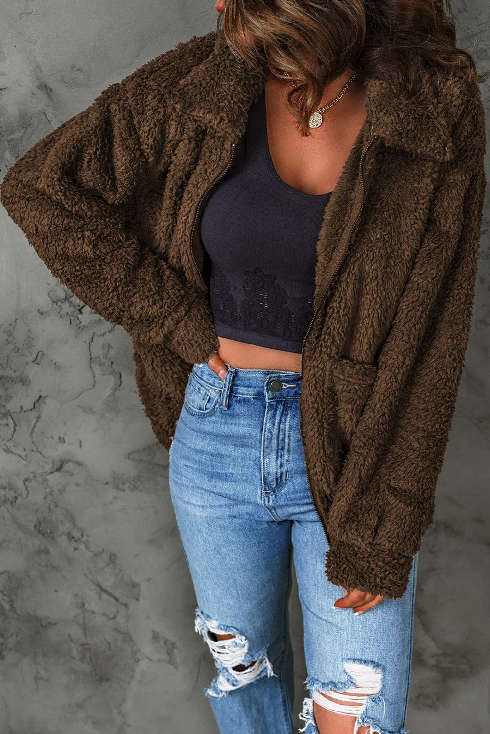 Brown Plush Zip-Up Jacket