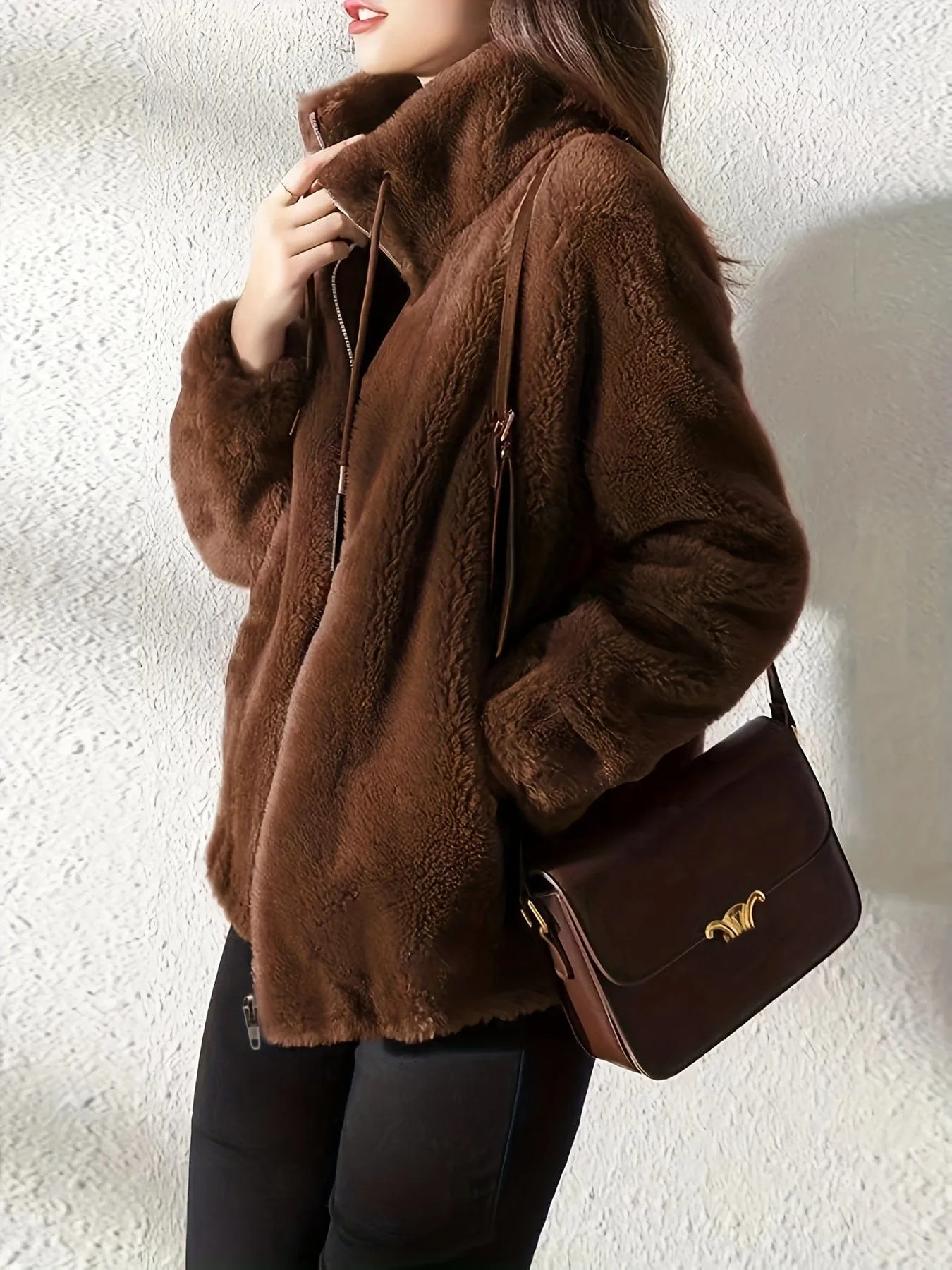 Brown Plush Zip-Up Jacket