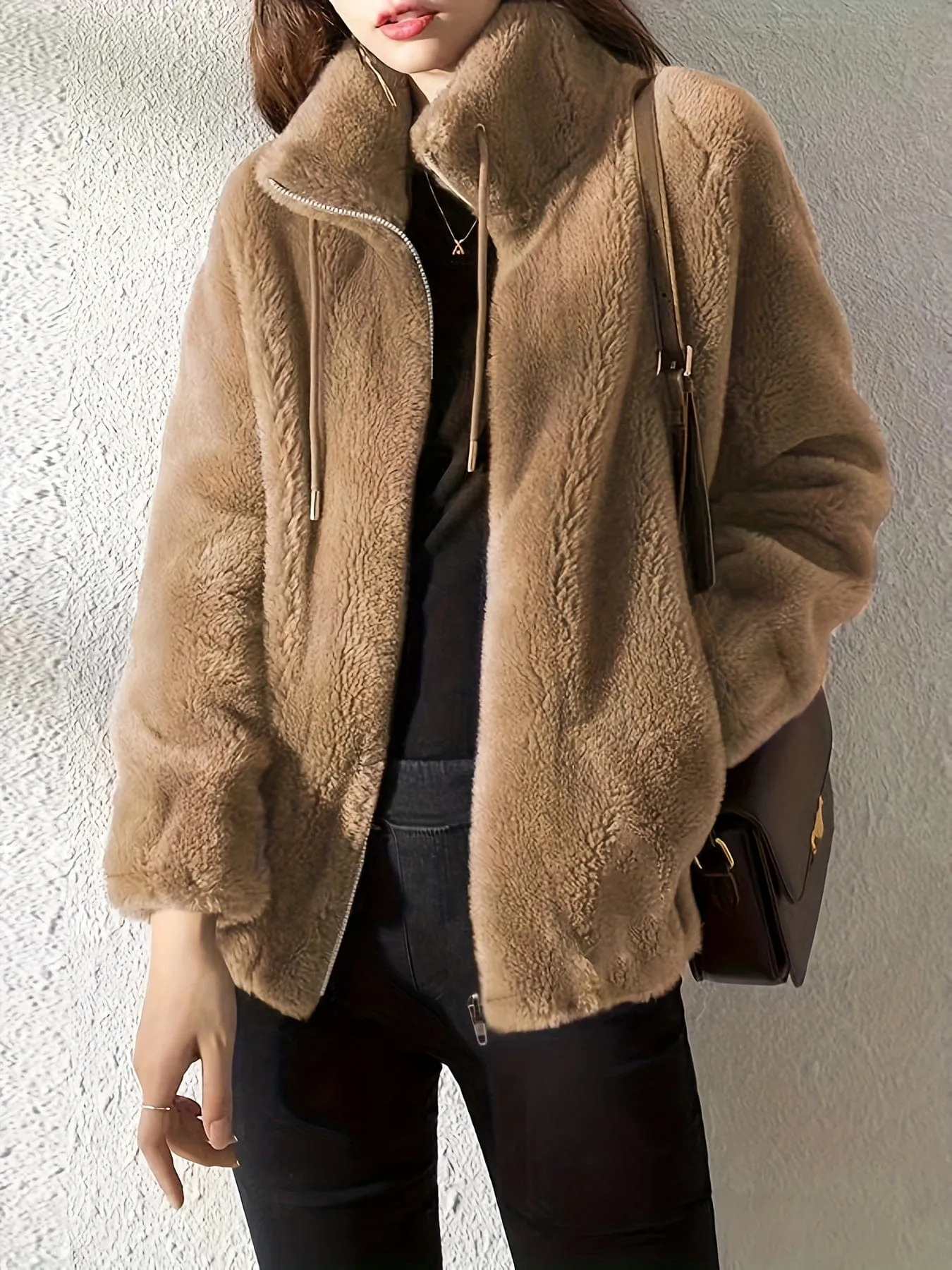 Brown Plush Zip-Up Jacket