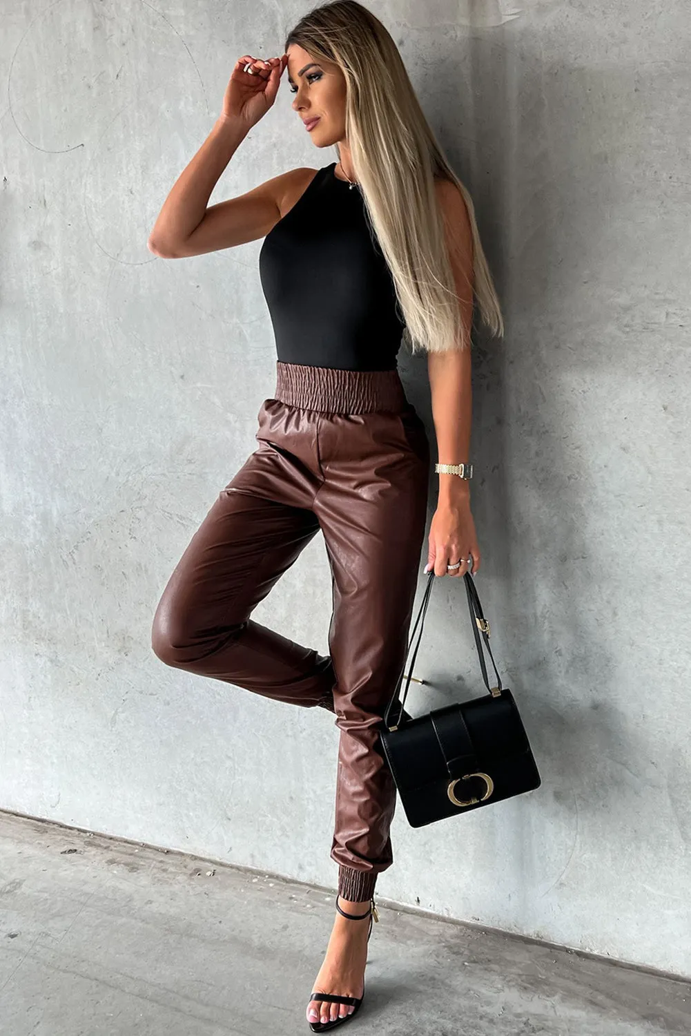 Brown Smocked High-Waist Leather Skinny Pants