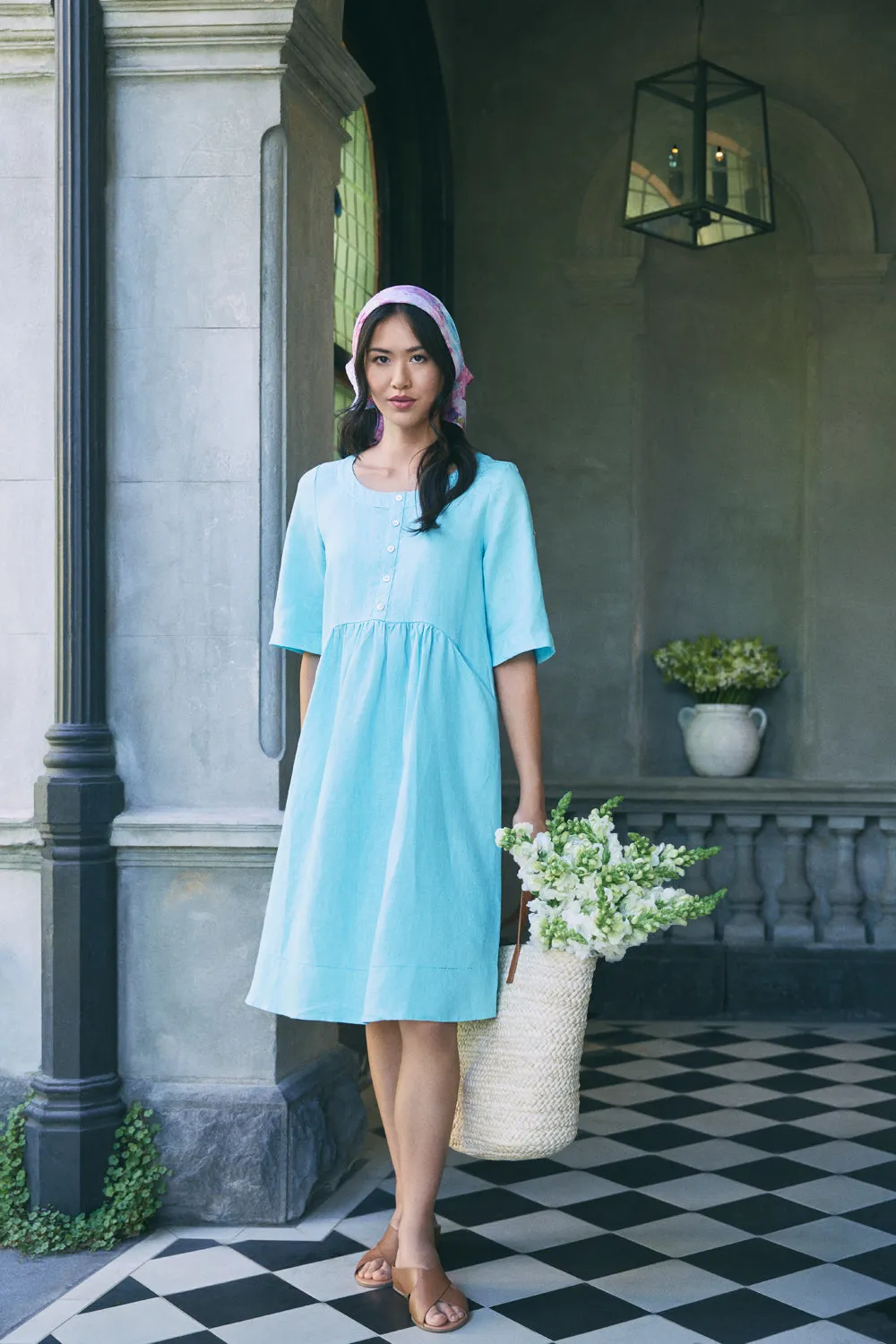 Button Detail Linen Dress - Blue Lake