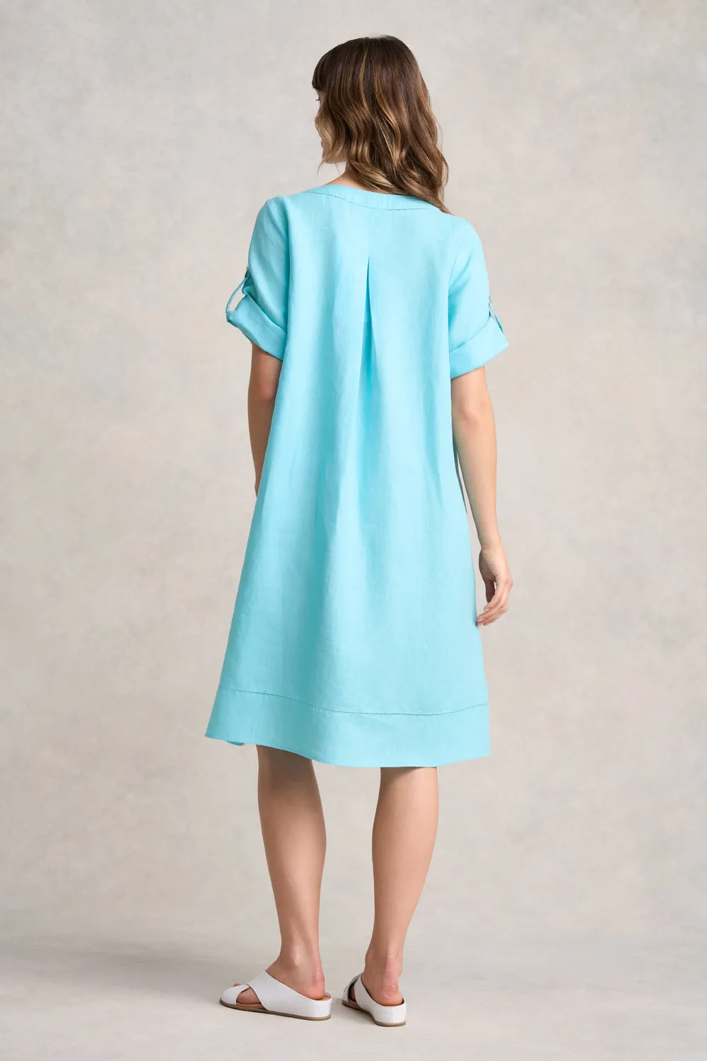 Button Detail Linen Dress - Blue Lake