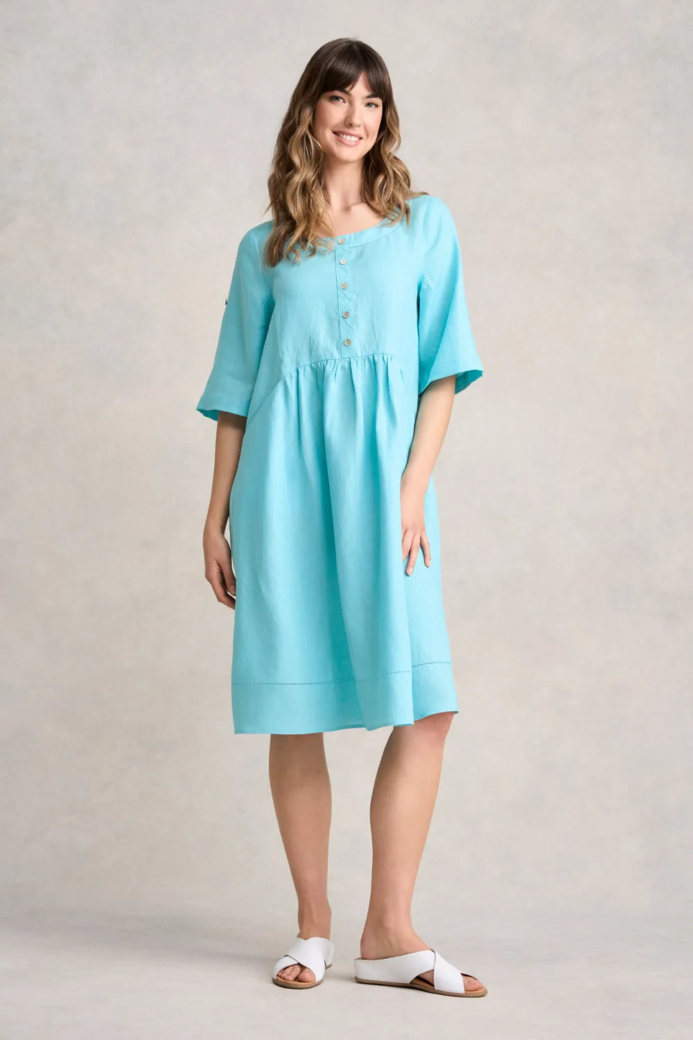 Button Detail Linen Dress - Blue Lake