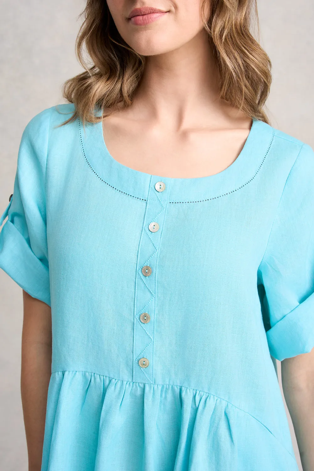 Button Detail Linen Dress - Blue Lake