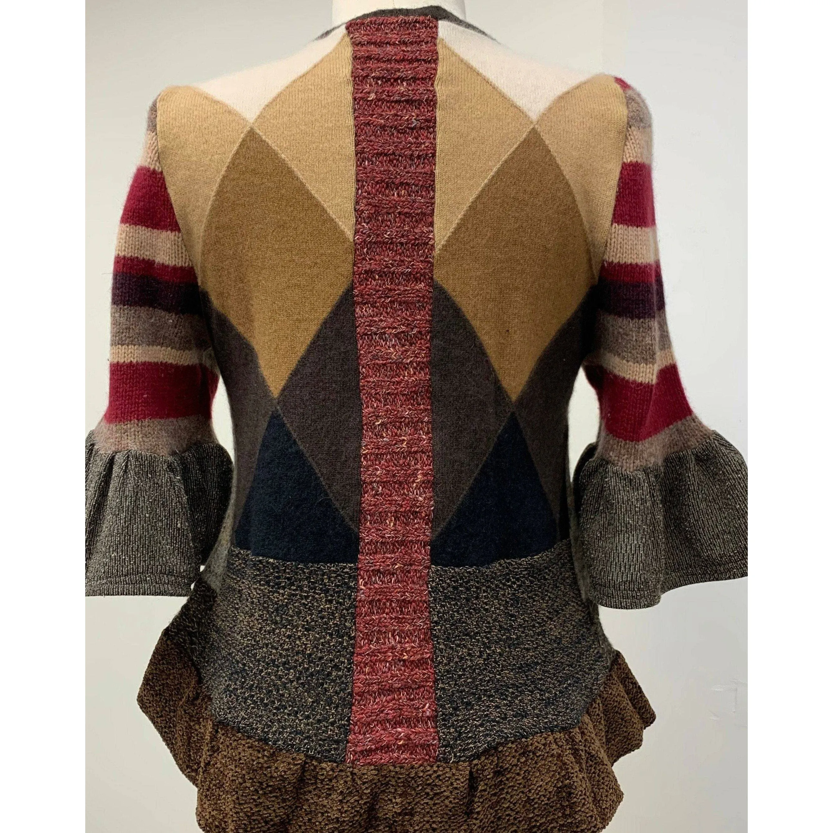 Button front argyle knit cardigan jumper sweater in brown with accents. Wool. Repurposed n new fabrics. Size XSmall, Small to Medium.