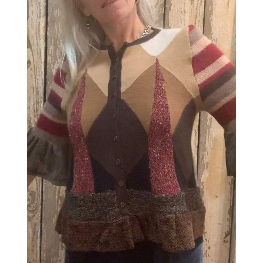 Button front argyle knit cardigan jumper sweater in brown with accents. Wool. Repurposed n new fabrics. Size XSmall, Small to Medium.