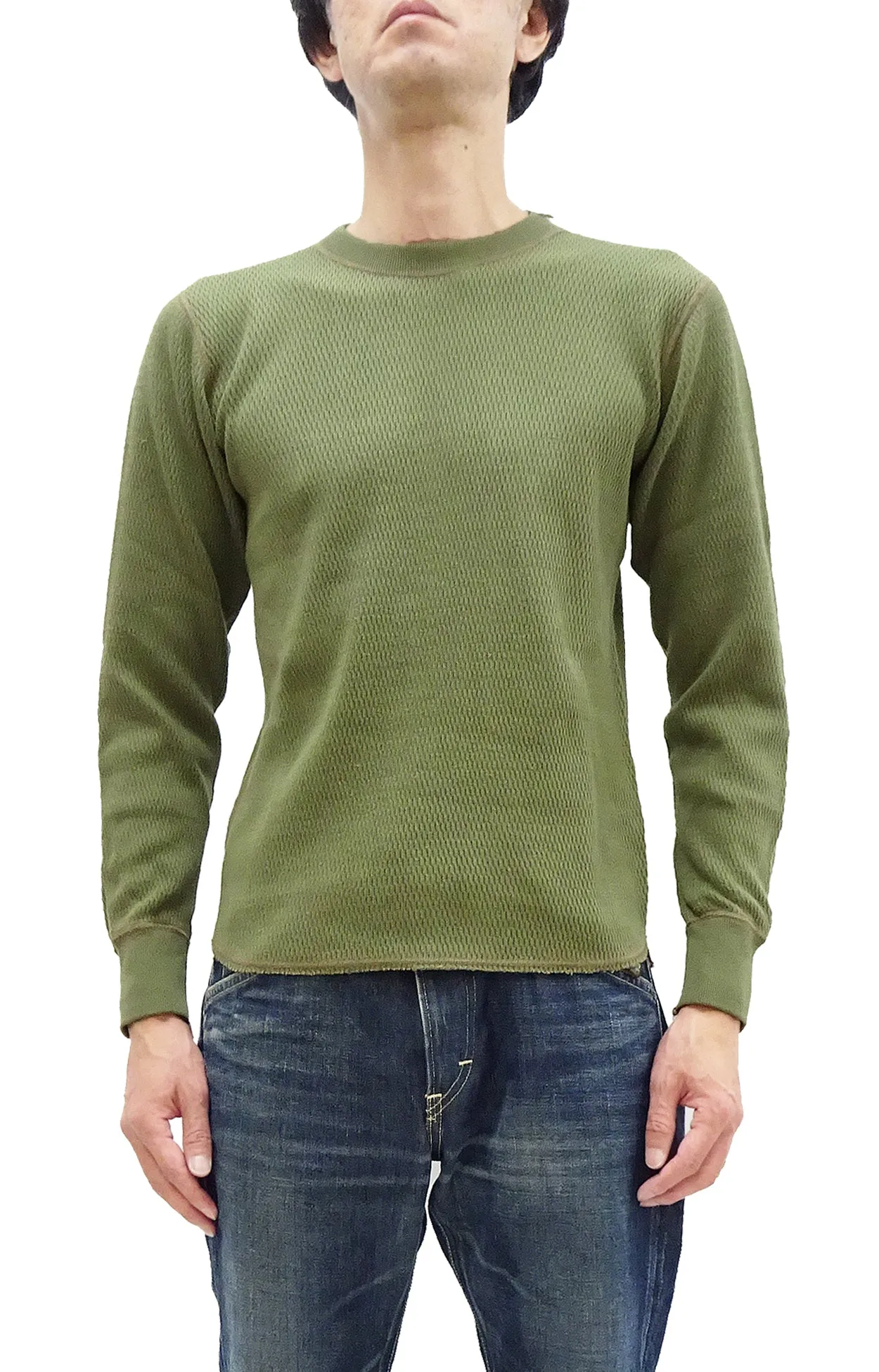 Buzz Rickson Waffle-Knit Thermal T-Shirt Men's Casual Long Sleeve Plain Crew Neck Waffle Tee BR63755 149 Olive