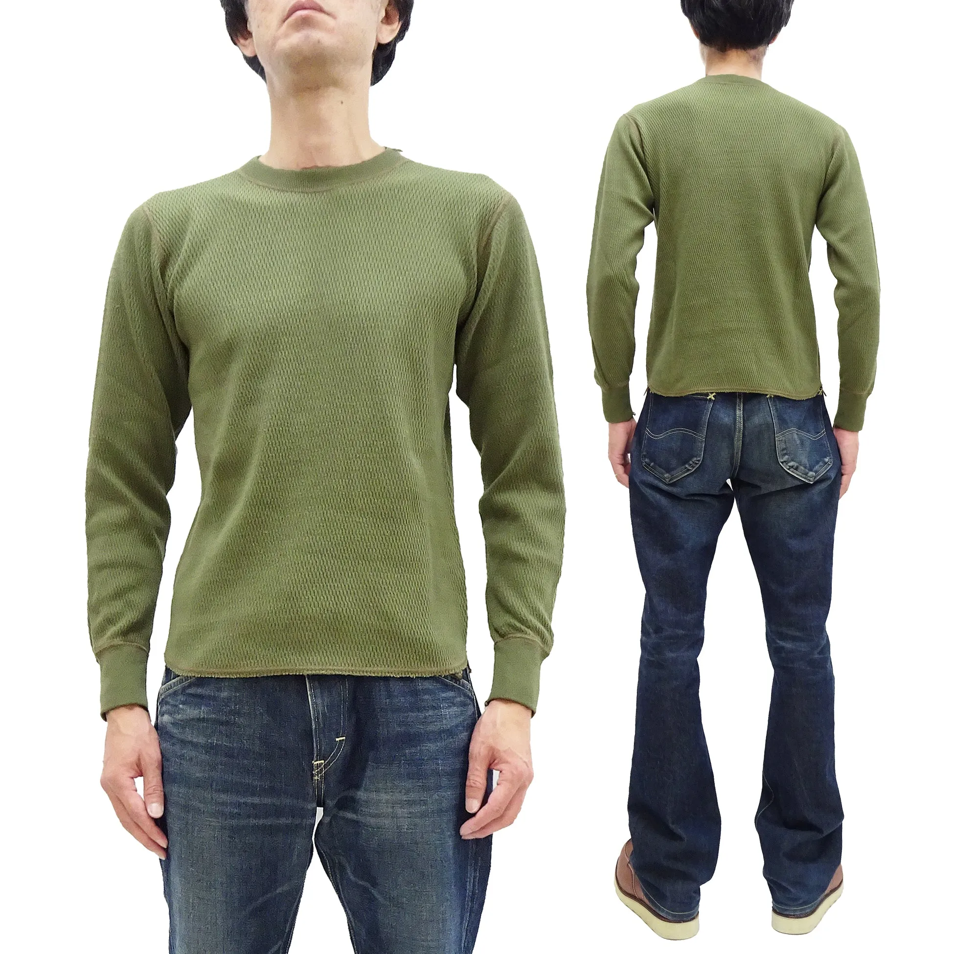 Buzz Rickson Waffle-Knit Thermal T-Shirt Men's Casual Long Sleeve Plain Crew Neck Waffle Tee BR63755 149 Olive