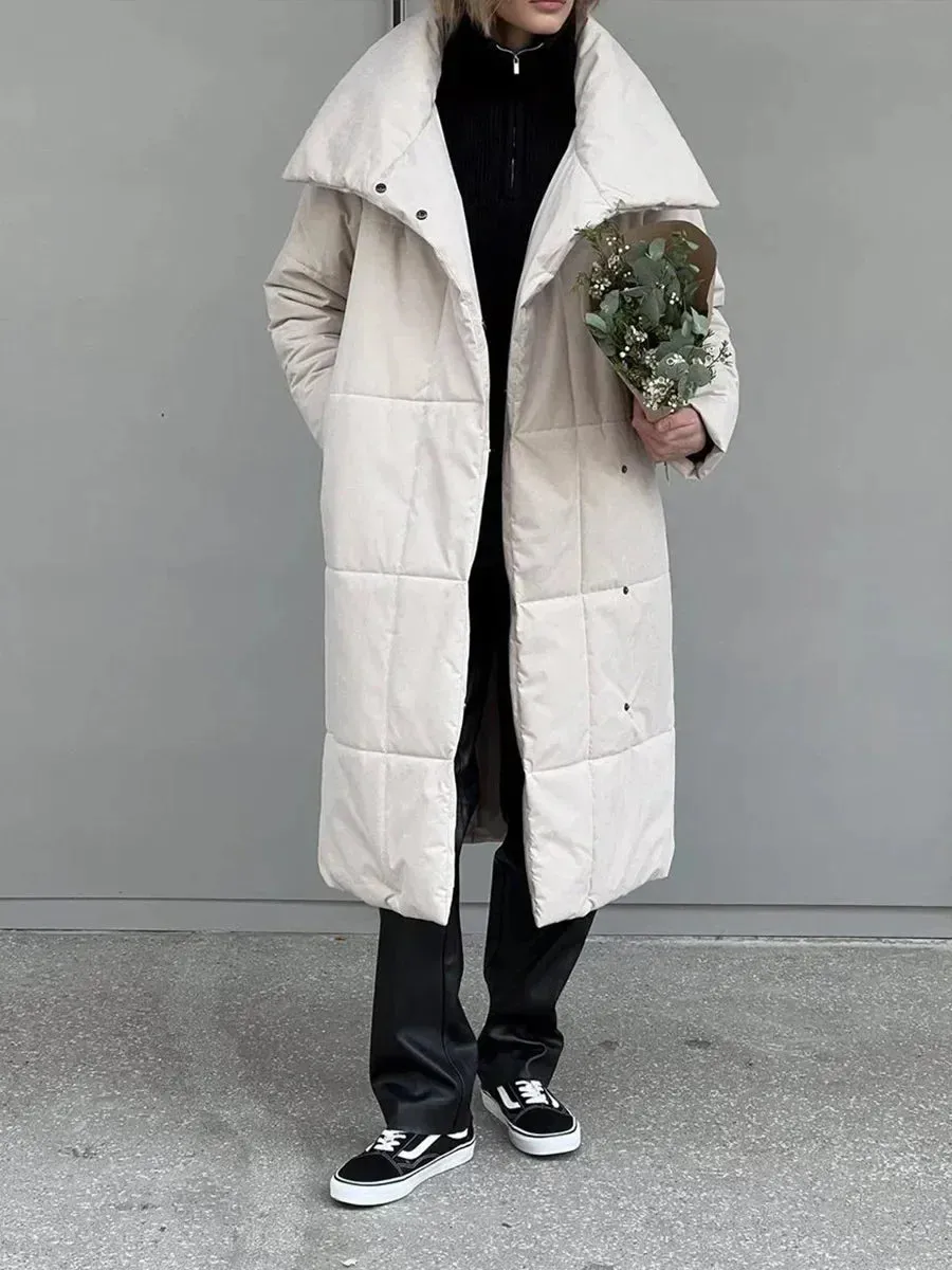 Chic Long puffer lapel collar coat belted long coat peacoat