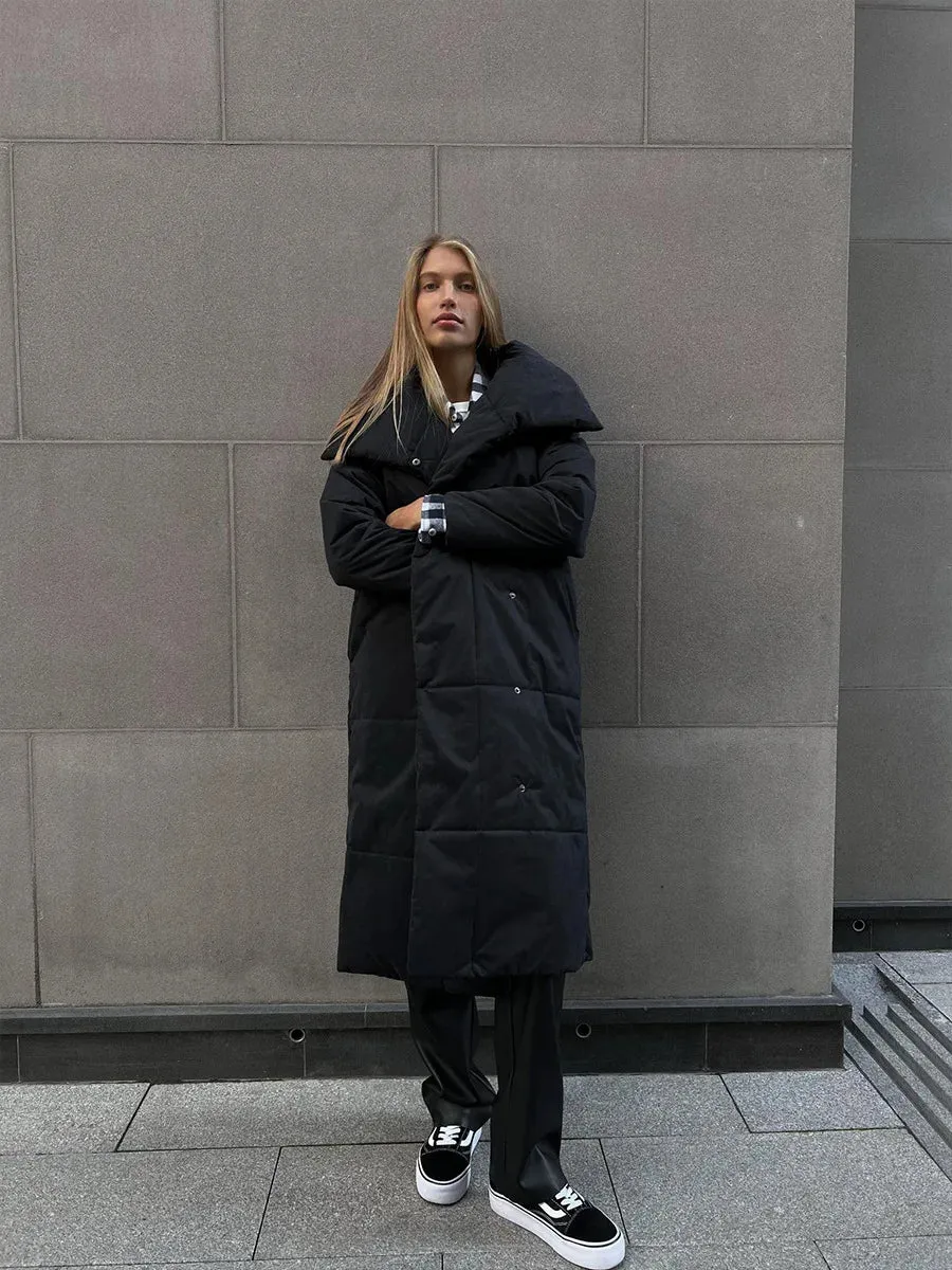 Chic Long puffer lapel collar coat belted long coat peacoat