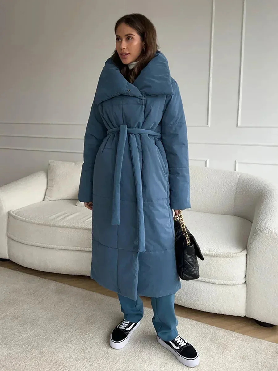 Chic Long puffer lapel collar coat belted long coat peacoat