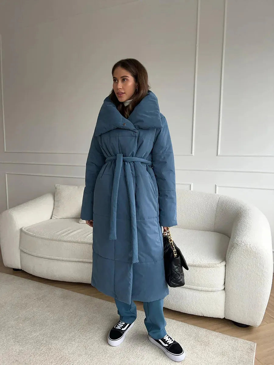 Chic Long puffer lapel collar coat belted long coat peacoat