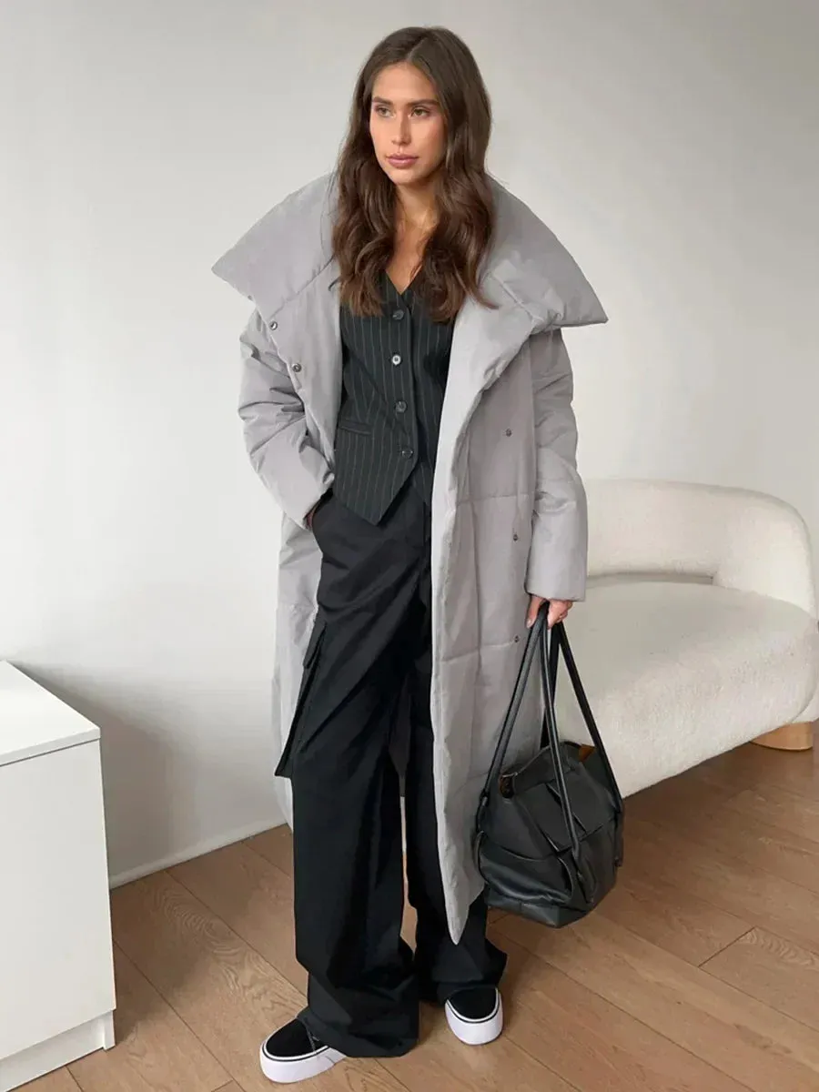 Chic Long puffer lapel collar coat belted long coat peacoat