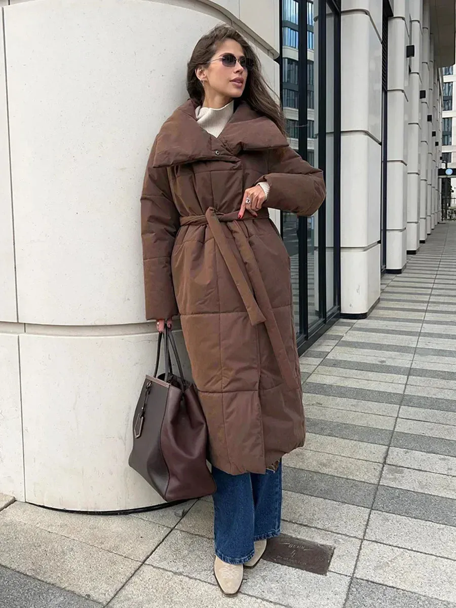 Chic Long puffer lapel collar coat belted long coat peacoat