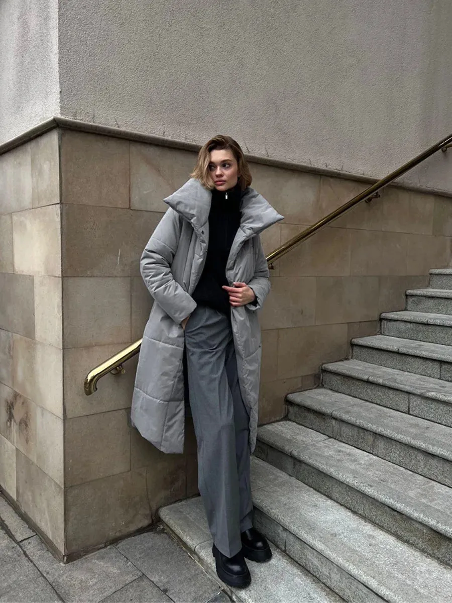 Chic Long puffer lapel collar coat belted long coat peacoat