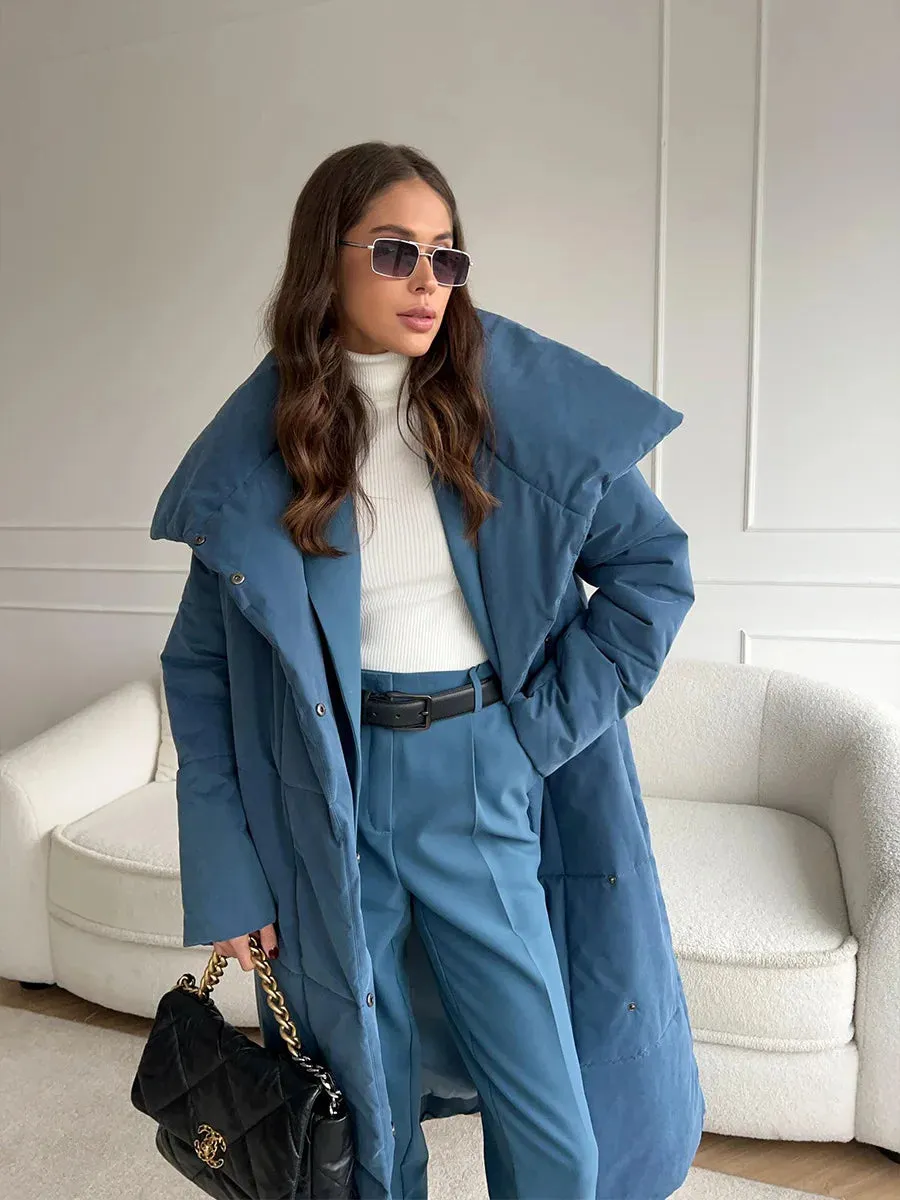 Chic Long puffer lapel collar coat belted long coat peacoat