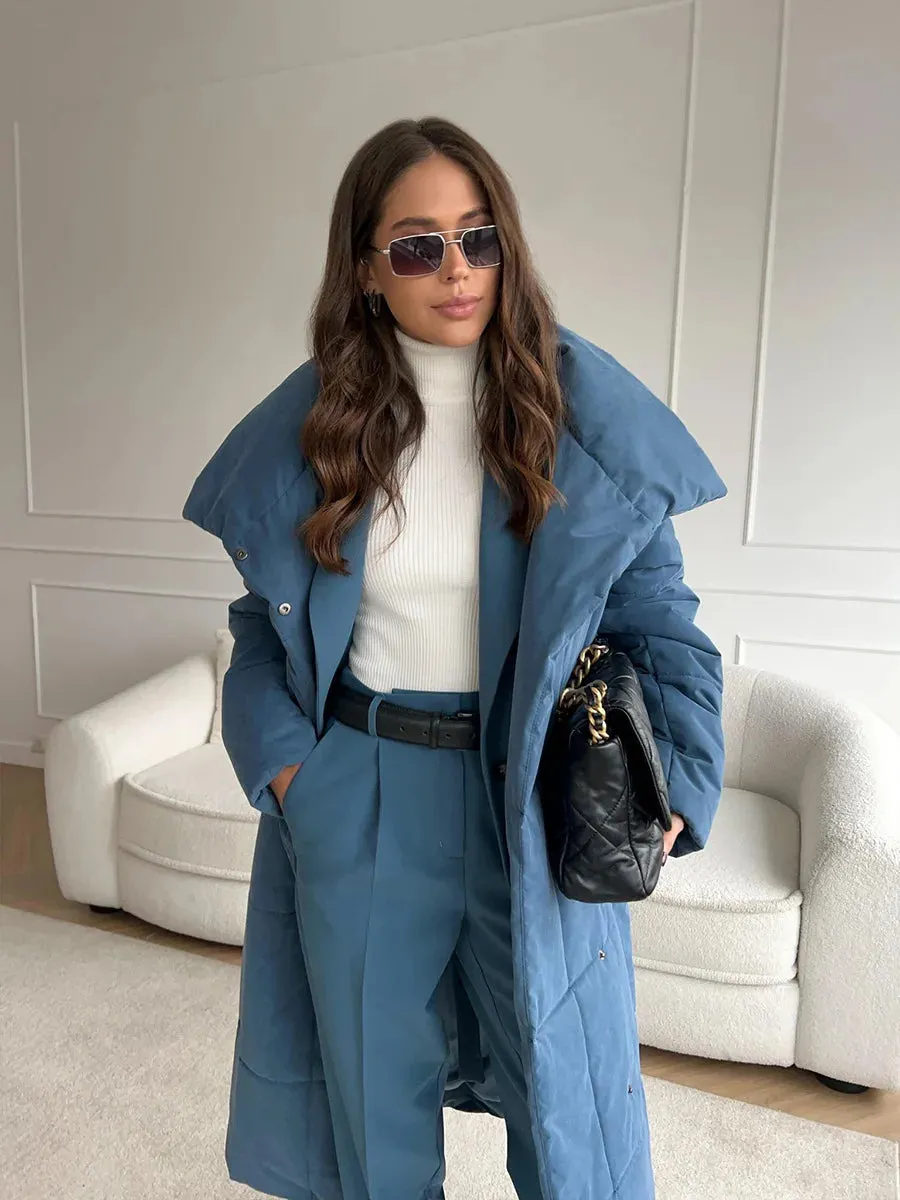 Chic Long puffer lapel collar coat belted long coat peacoat