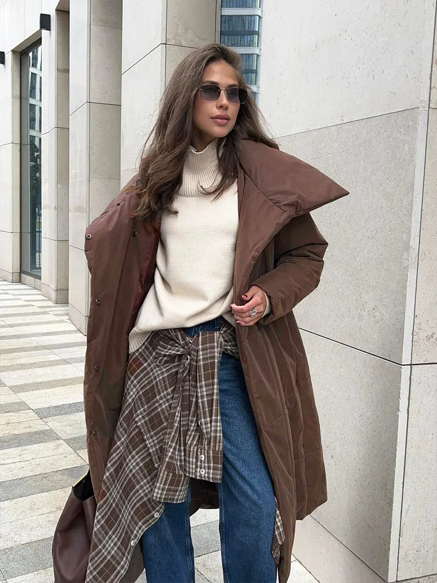 Chic Long puffer lapel collar coat belted long coat peacoat