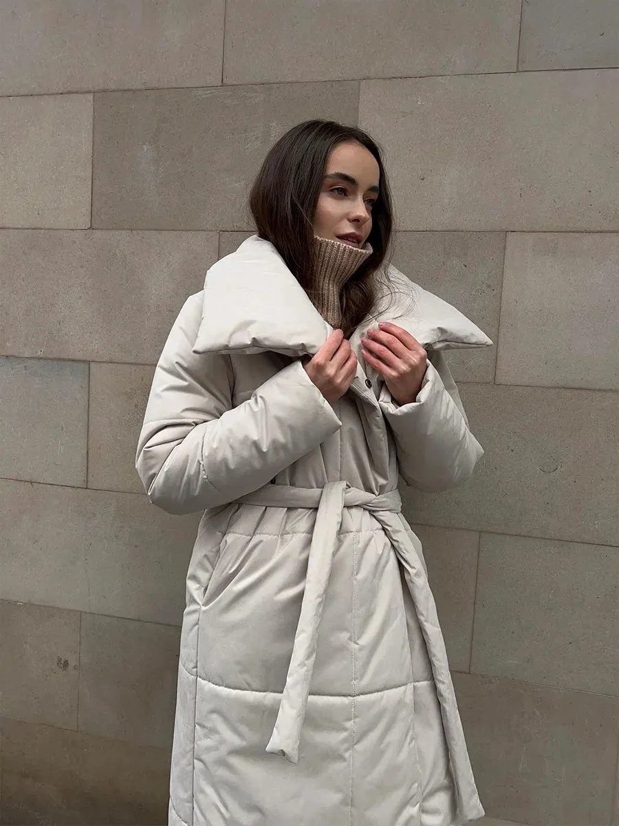 Chic Long puffer lapel collar coat belted long coat peacoat