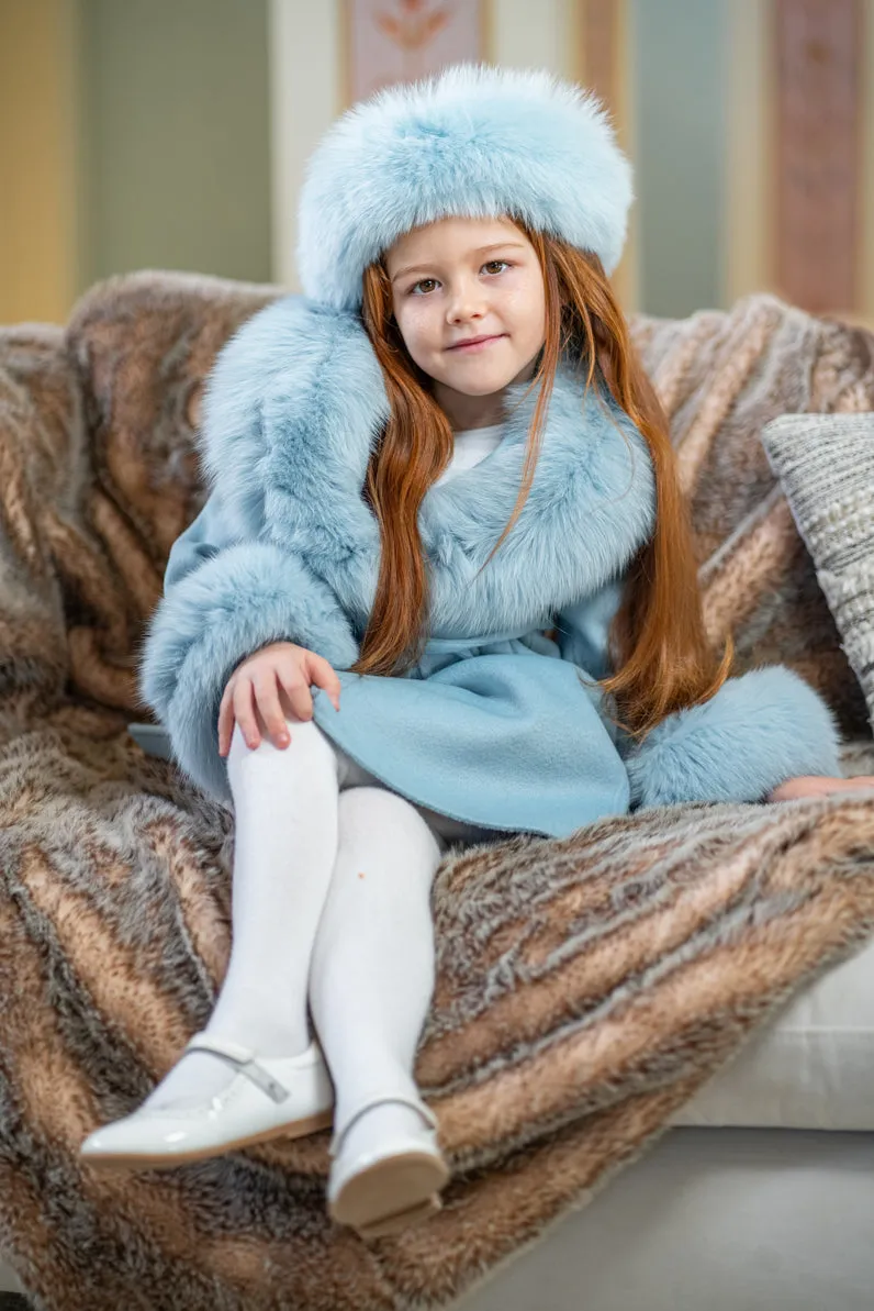 Childrens Pastel Blue Luxury Fur Cashmere Coat