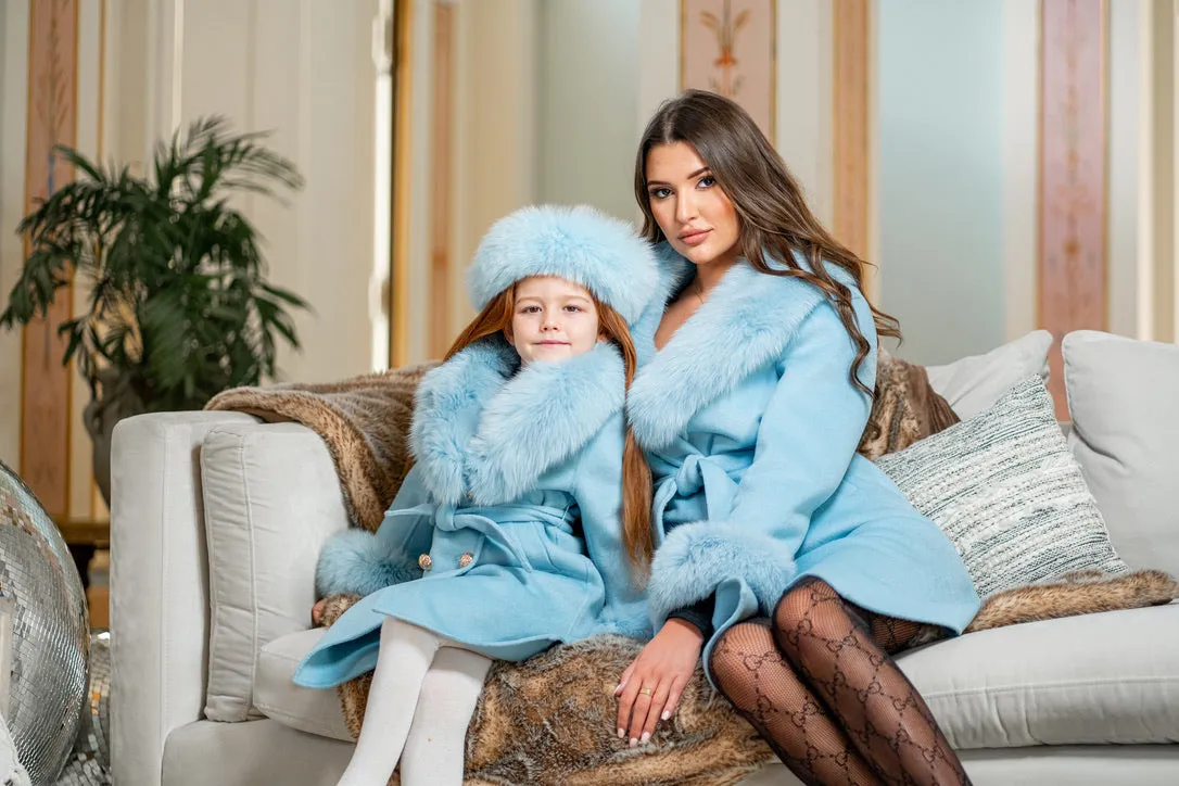 Childrens Pastel Blue Luxury Fur Cashmere Coat