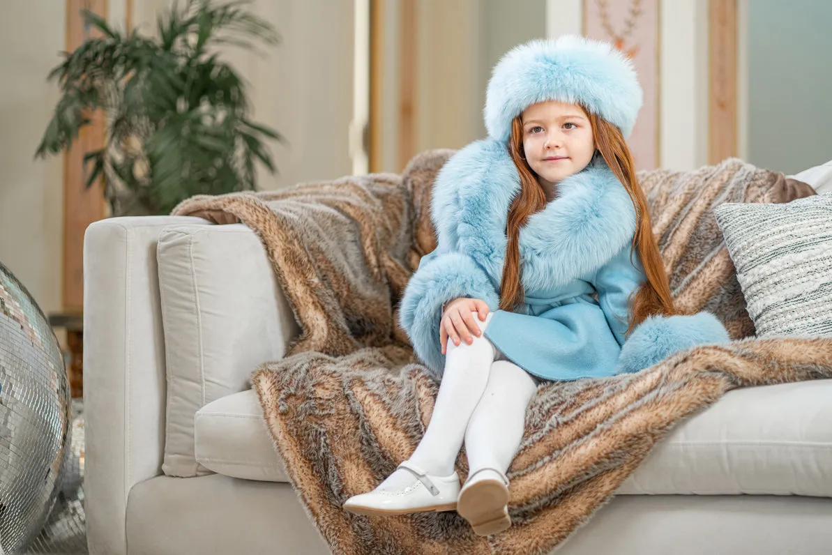 Childrens Pastel Blue Luxury Fur Cashmere Coat