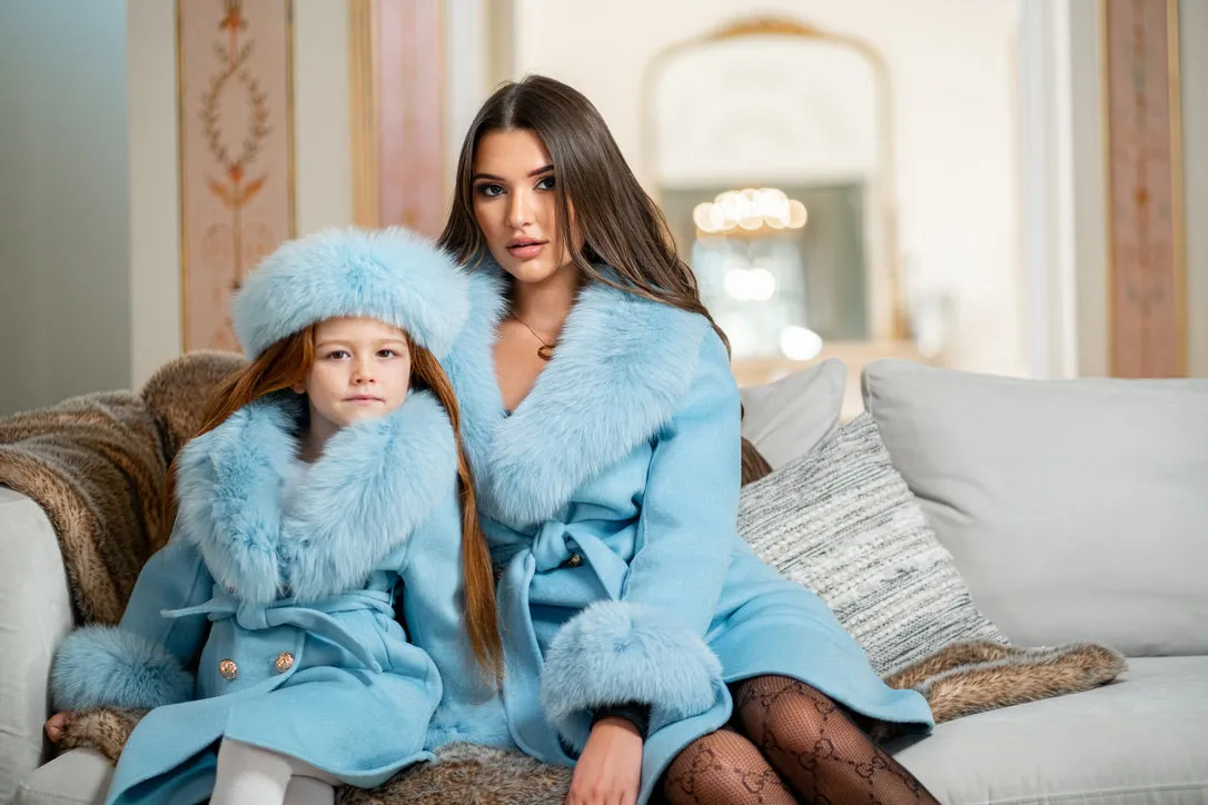 Childrens Pastel Blue Luxury Fur Cashmere Coat