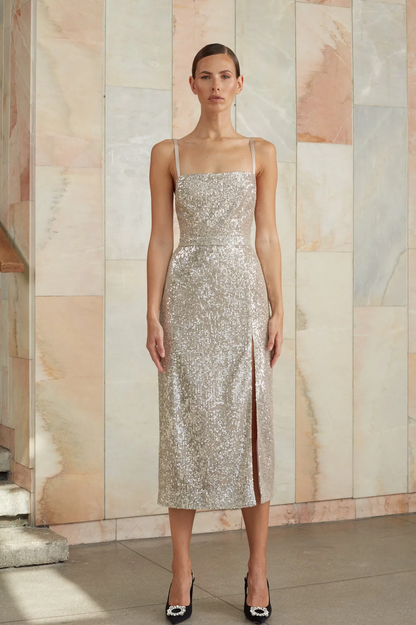 CHLOE silver sequin open back dress