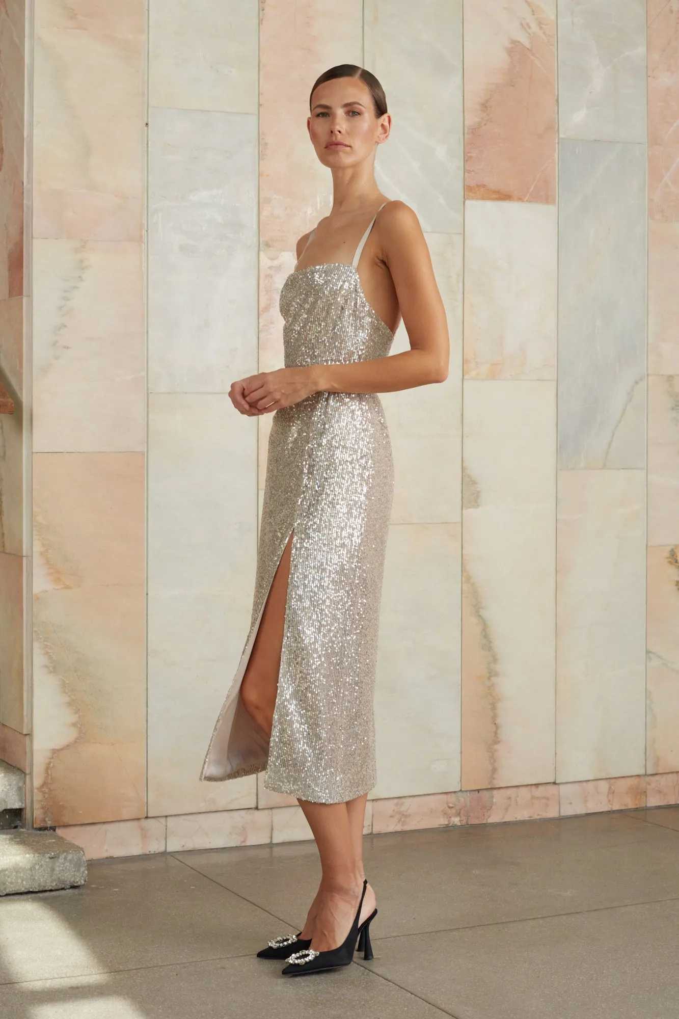 CHLOE silver sequin open back dress