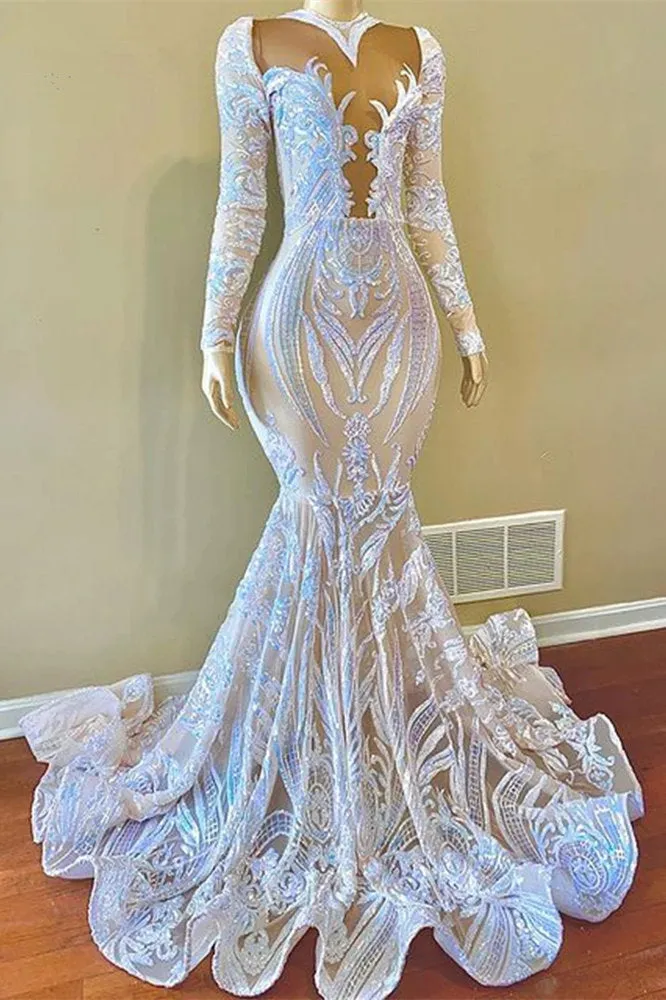 Classy V-neck Sequins Floor-length Mermaid Prom Dresses With Long Sleeves