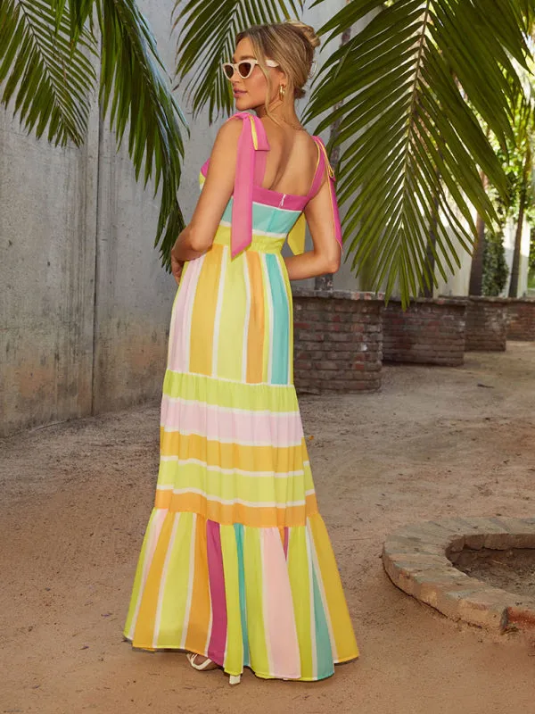 Colorful Tiered Stripe Dress Tie-Shoulder Sundress