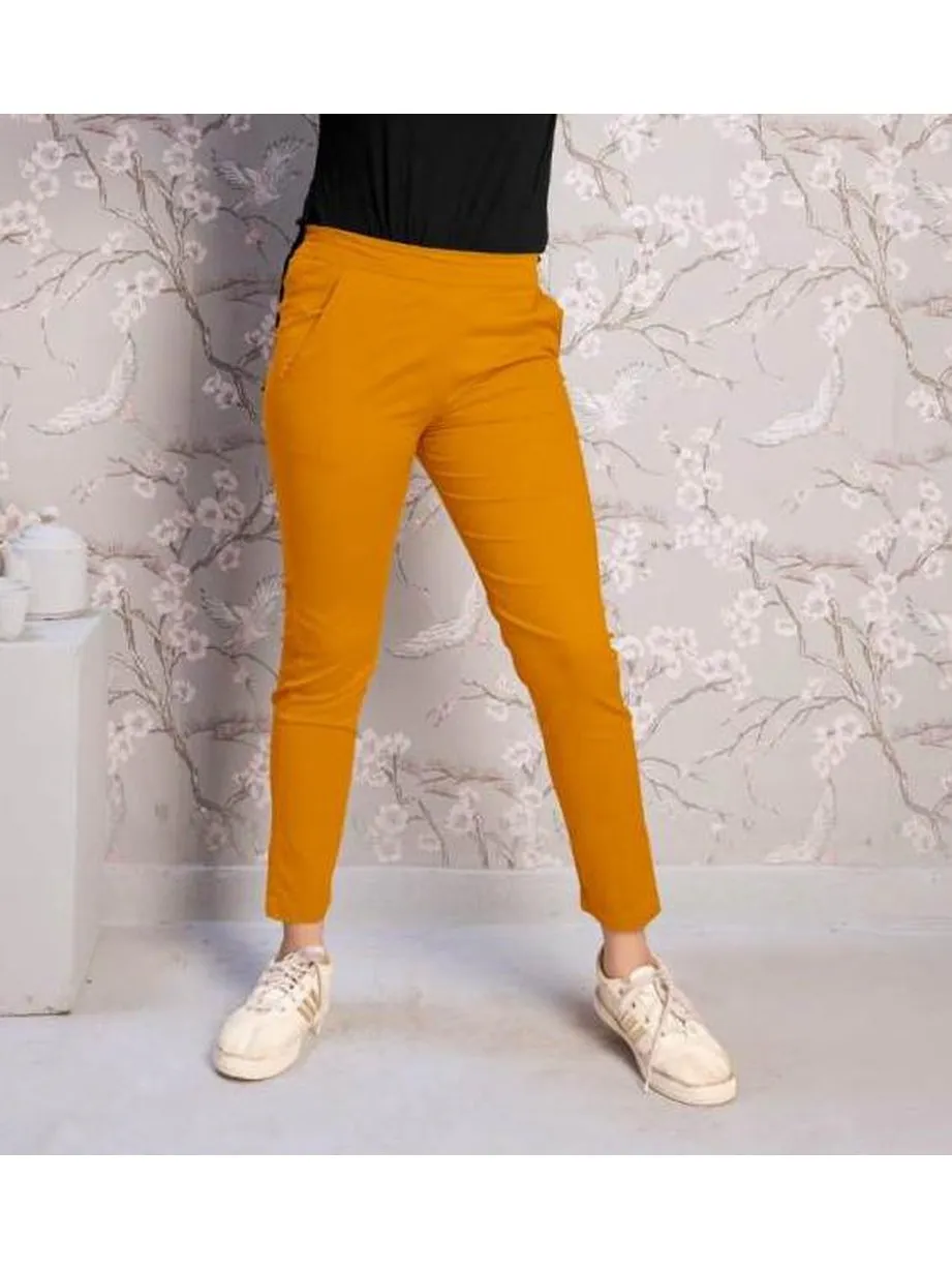 Cotton Lycra Women Pants Mustard Yellow