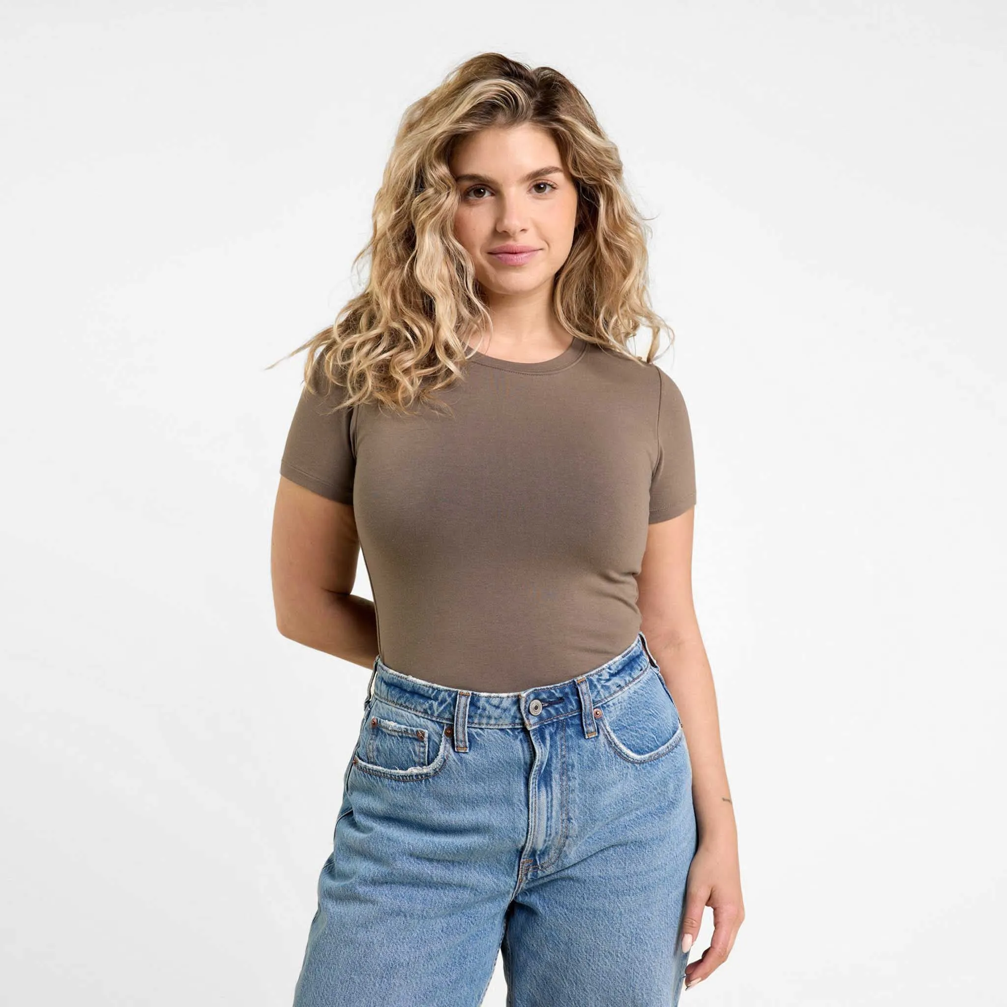 Cotton Stretch Short Sleeve Crewneck Bodysuit | Mocha