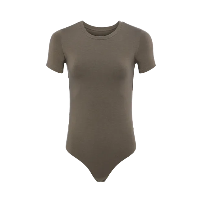 Cotton Stretch Short Sleeve Crewneck Bodysuit | Mocha