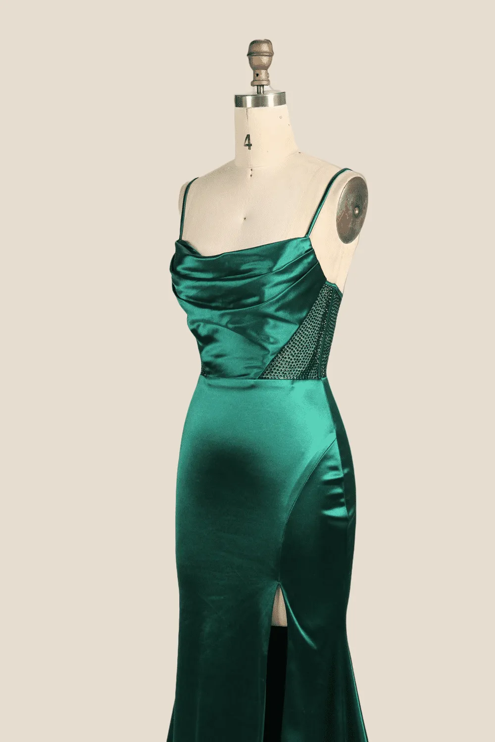 Cowl Neck Emerald Green Beaded Long Dress