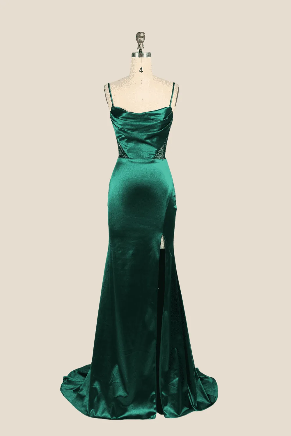 Cowl Neck Emerald Green Beaded Long Dress