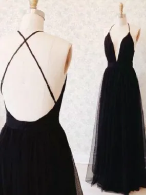 Cross Back Spaghetti Strap Deep V-Neck Tulle Black Prom Dress